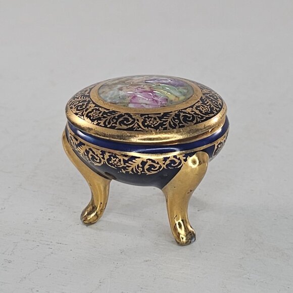 Limoges France Footed Trinket Box Cobalt Blue Gold Floral Design W/ Romantic Sce - Picture 4 of 10